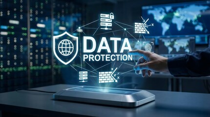 Cybersecurity concept showing futuristic data protection interface with shield, firewall, fingerprint, server network and secure system graphics in digital workspace
