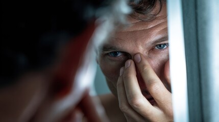 Close up portrait of a man's face examining his skin in a mirror showing blue eyes and fingers touching his forehead