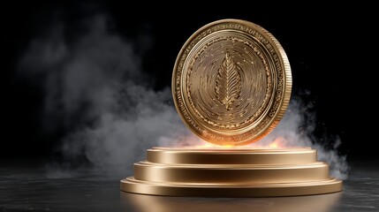 Golden coin placed on a pedestal surrounded by smoke, showcasing intricate designs and textures, symbolizing achievement and success in a dramatic lighting environment
