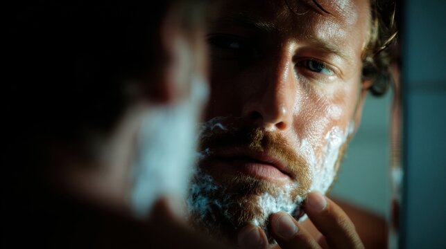 Close up portrait of a man with shaving cream on his face preparing to shave