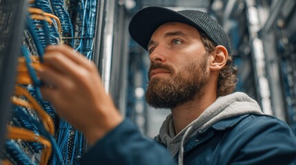 Man with beard and cap inspects network cables in a server room technology