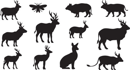 Obraz premium Black silhouettes of various animals including deer goats and a cat on a white background