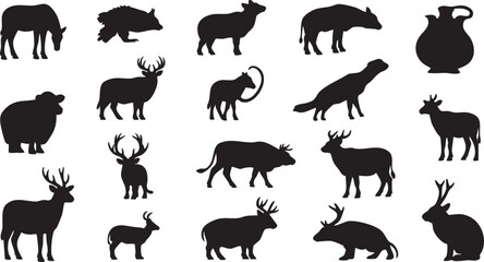 Fototapeta premium Black silhouettes of various animals including deer goats and a water jug on white background