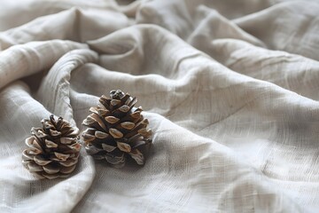 Pinecones on Neutral Linen Fabric, Minimal Natural Still Life