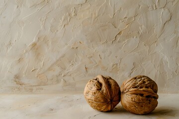 Walnuts on Warm Plaster Background, Minimal Lifestyle Still Life