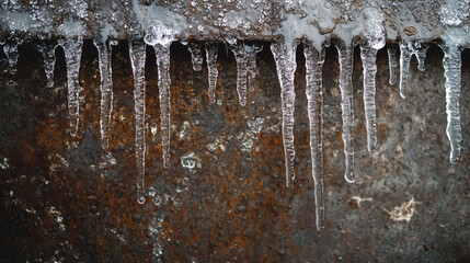 Icicles hanging from a metal surface with frozen droplets for winter nature detail concept