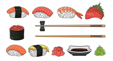 Assorted sushi collection featuring nigiri with salmon and shrimp plus tuna sashimi pieces, rolls, and traditional condiments.