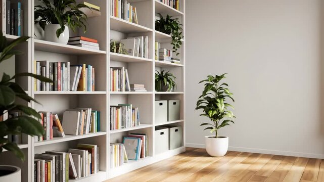 Minimalist Living Room Interior with Bookshelf and Plant - This video shows a bright, minimalist living room interior featuring a white bookshelf filled with books and decorative plants.