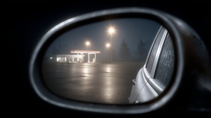 Atmospheric nighttime view of deserted gas station through raindrenched glass with cinematic mood