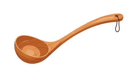 Large traditional wooden ladle with a long handle and a hanging loop ideal for serving soups, stews, and other liquid foods.