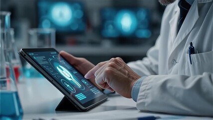 Doctor using digital tablet with medical interface in laboratory, representing healthcare technology, digital diagnostics, data analysis, and smart medical innovation. - Powered by Adobe