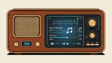 Fototapeta premium Retro wooden vintage radio with digital display and musical interface on screen
