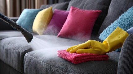 Modern Domestic Steam Sofa Cleaning with Glove and Colorful Pillows