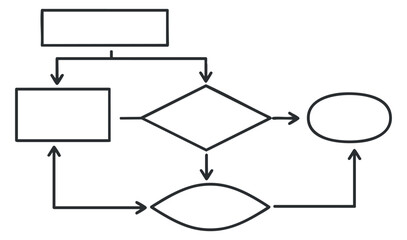 A flowchart depicting a process with shapes and arrows in minimalist black and white vector style, ideal for business presentations