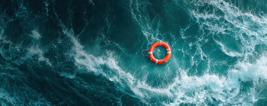 A lifebuoy floats in turbulent ocean waves, symbolizing safety amidst danger and the unpredictability of nature.