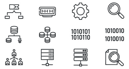 A set of database and technology icons including servers, charts, and binary code in clean outline vector style, perfect for tech-related projects