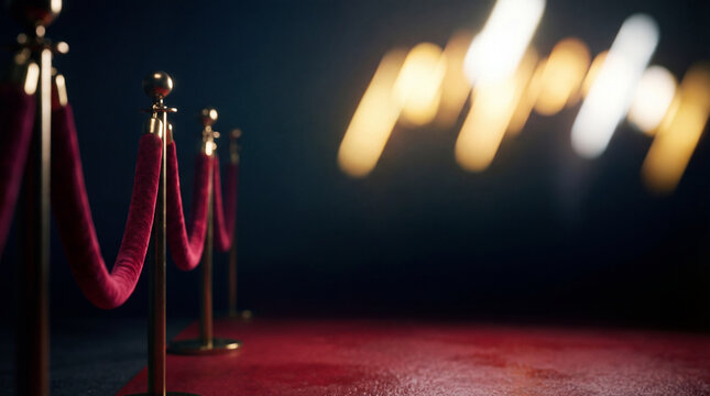 Red carpet ropes glow in bokeh. Luxury red carpet entrance with velvet ropes and stanchions, copy space for oscars night promo, awards season branding, film premiere invite, gala concept