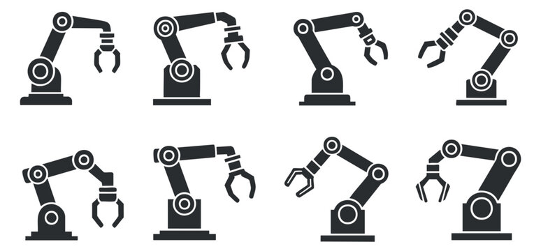 A set of robotic arms with different gripper designs in black and white flat vector style, suitable for industrial and technology applications