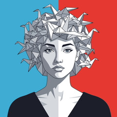 Woman with origami cranes forming a crown on her head.