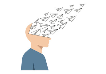 Many paper airplanes fly out of an open head.