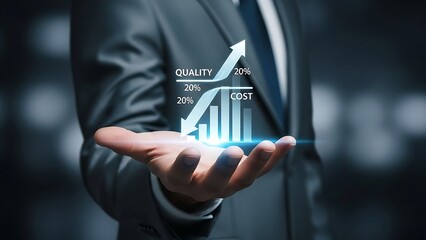 Business hand holding a futuristic hologram showing quality and cost performance metrics for corporate efficiency