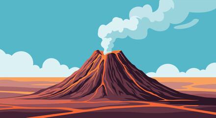 Dramatic illustration of an erupting volcano with red lava flowing down the slopes and a large cloud of smoke in the sky.