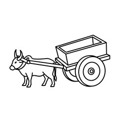 Ox pulls a simple cart with two wheels.
