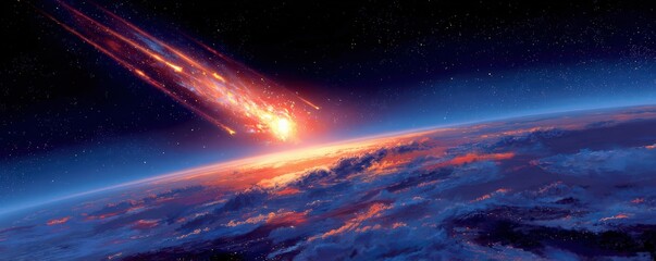 A fiery comet streaks toward Earth, illuminating the atmosphere with intense colors, showcasing the beauty and danger of celestial phenomena.