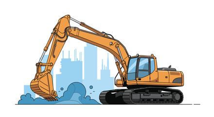 Yellow crawler excavator performing earthmoving operations at a construction site against a blue city skyline background.