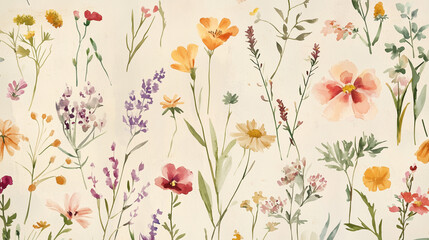 Watercolor floral pattern featuring a variety of wildflowers for artistic design concept