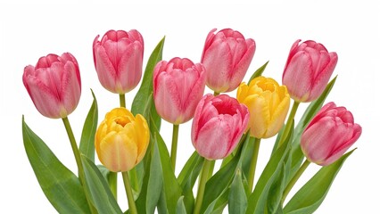 Fototapeta premium Colorful tulips with pink and yellow petals and green leaves.