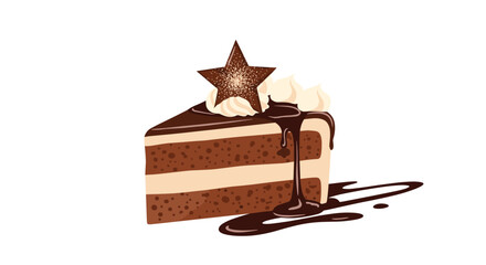 Delicious slice of double chocolate layer cake topped with whipped cream and a chocolate star decoration on white background.