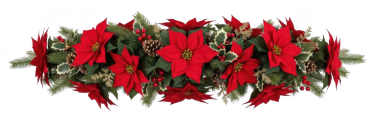 Christmas poinsettia garland with pine cones holly berries evergreen branches festive holiday decor