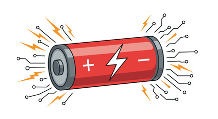 Charged red alkaline battery with positive and negative terminals emitting electrical sparks and energy circuit paths.