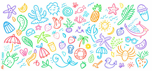 Summer doodles with beach elements in bright colorful crayon style on white background for childrens design.