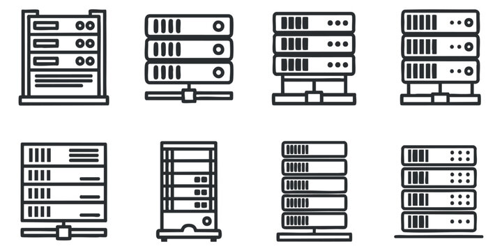 A collection of server icons in clean outline vector style, suitable for technology and IT projects
