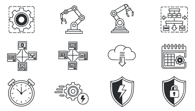 A collection of automation and technology icons featuring gears, robots, cloud computing, and security elements in minimalist vector style, suitable for digital projects and presentations - Powered by Adobe