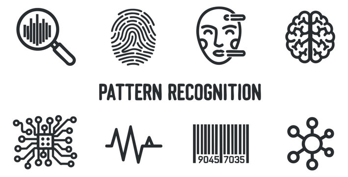 A set of pattern recognition icons including brain, fingerprint, magnifying glass, and barcode in black and white minimalist vector style, suitable for technology and data analysis projects