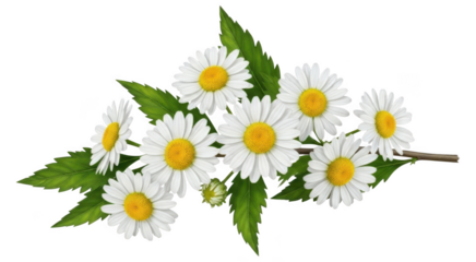Close up view of fresh chamomile flowers with green leaves on transparent background