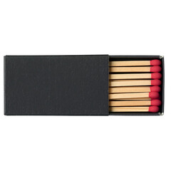 Textured Black Matchbox with Red Tipped Matches fire isolated on a transparent background