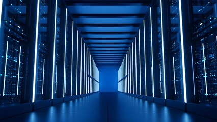 Futuristic Dark Blue Server Room Corridor with Glowing Neon Lights 3D Render