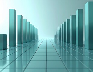 Turquoise 3D Bar Graph Illustration on Reflective Surface with Light Blue Background