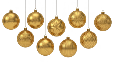 Collection of golden christmas ornaments with various designs on transparent background