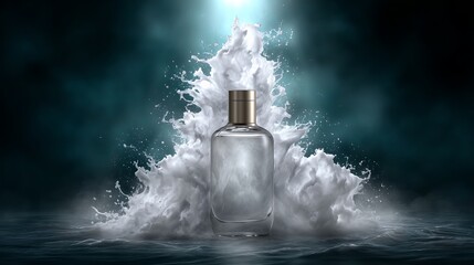 Suspended particles surrounding perfume bottle with explosive powder display in studio setting