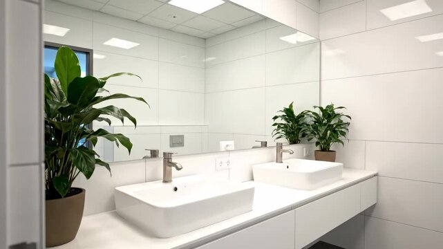 Modern Bathroom with Plants - This video showcases a modern, clean bathroom interior. Two square white sinks sit atop a white countertop, accented by silver faucets and potted green plants.