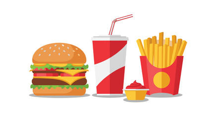 Classic fast food combination featuring a double cheeseburger, crispy french fries, a soda cup, and ketchup on white.