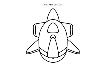 Simple black and white line drawing of a cartoon spaceship viewed from directly above