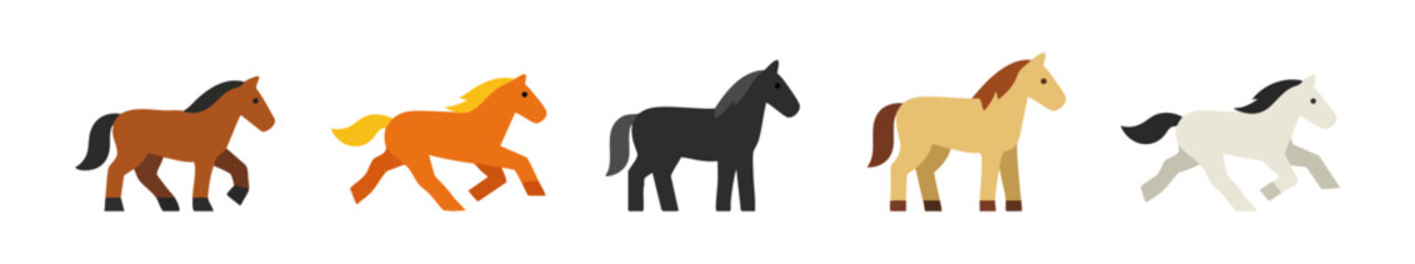 Five colorful horse icons in flat style. Includes galloping, walking, and standing horses in brown, black, white, tan, and orange.