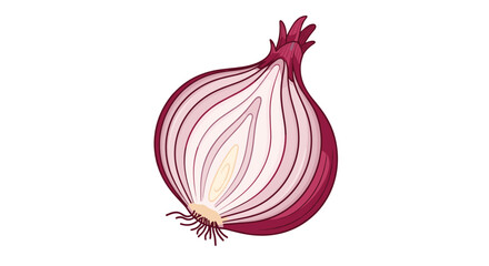 Fresh red onion sliced in half to show the beautiful internal purple and white layers and fine textures on white background.