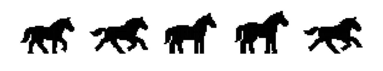 Set of black pixel art horse silhouettes in various running and galloping poses against a white background, ideal for retro game animation.